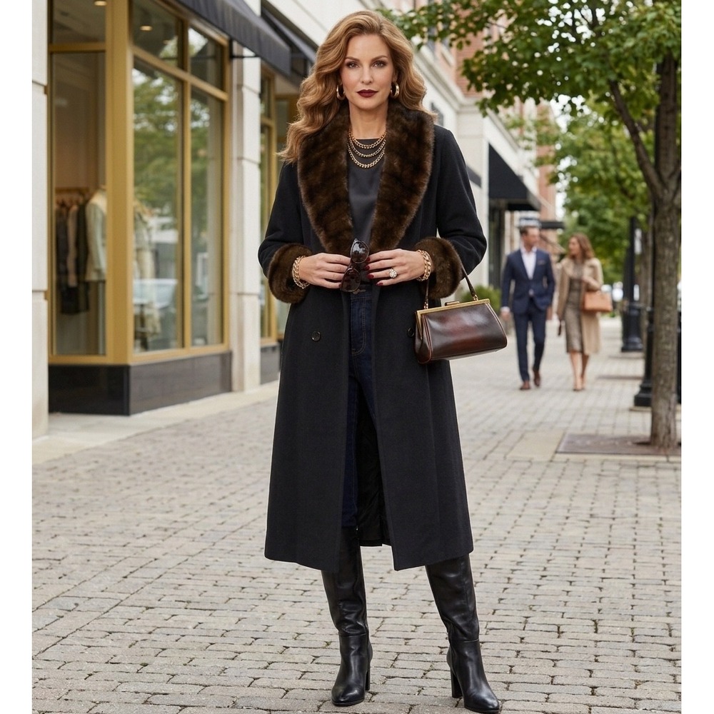 Anne Klein Vintage Black 100% Wool Coat with Faux Fur Trim size 10 structured